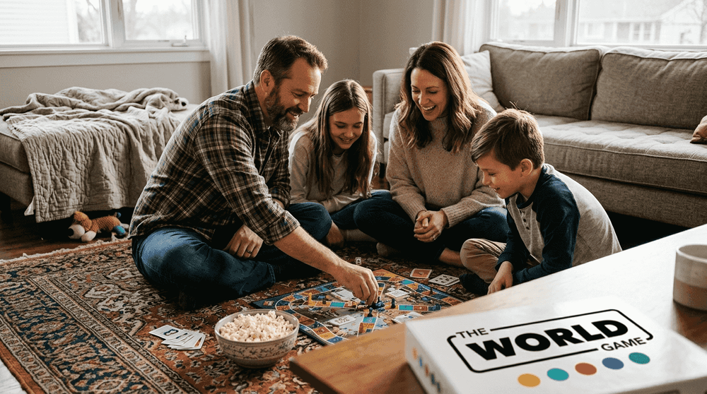 Family playing board game in cozy living room
