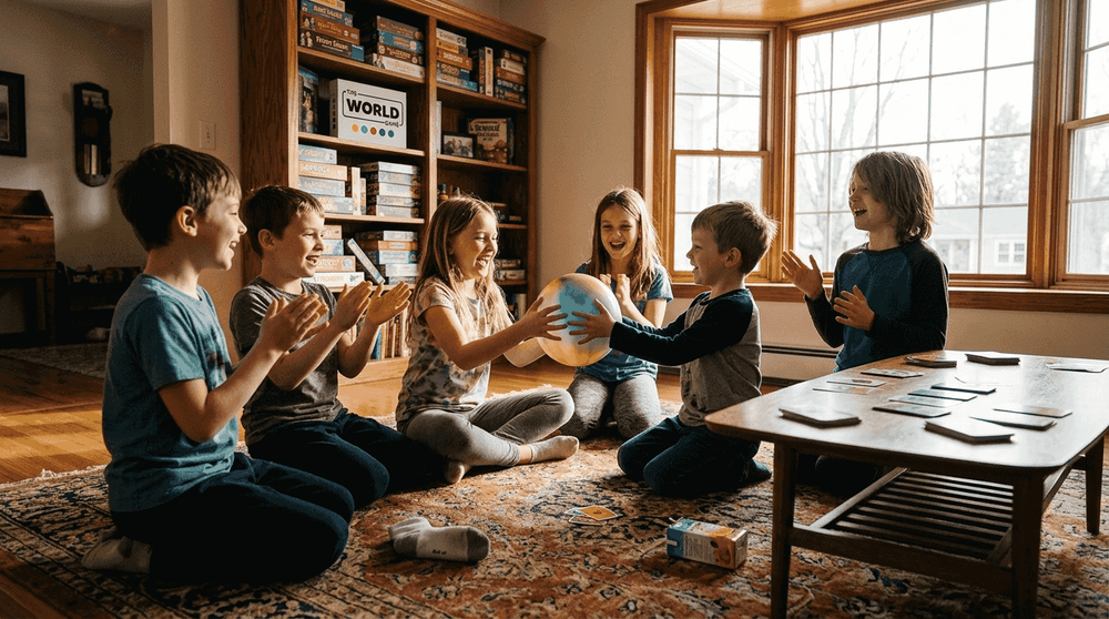 Kids playing party games in bright living room