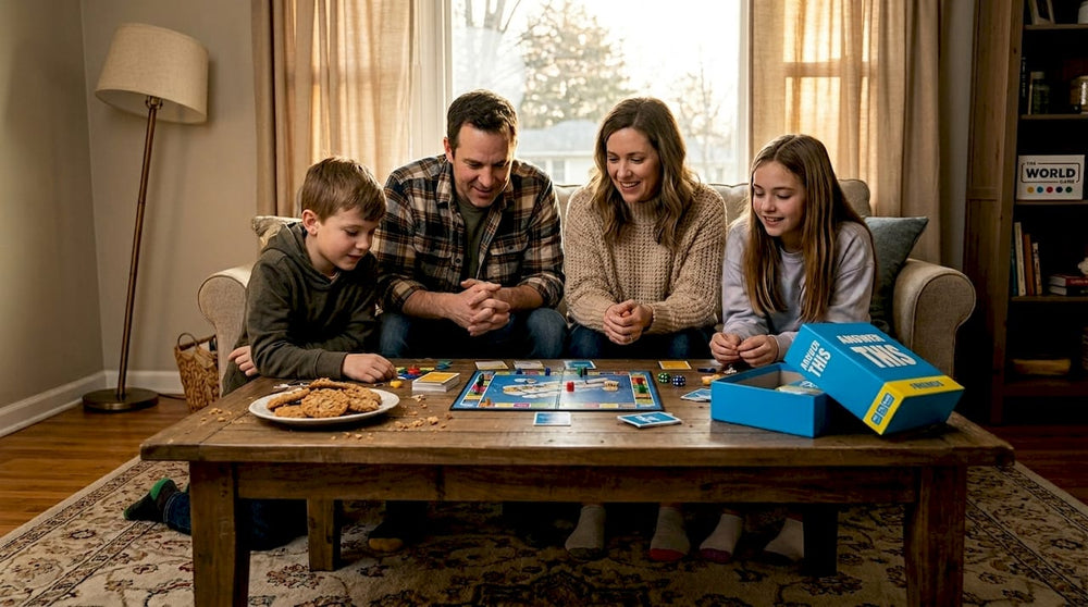 Family playing board game in cozy living room