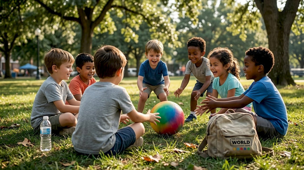 Children playing cooperative game in city park
