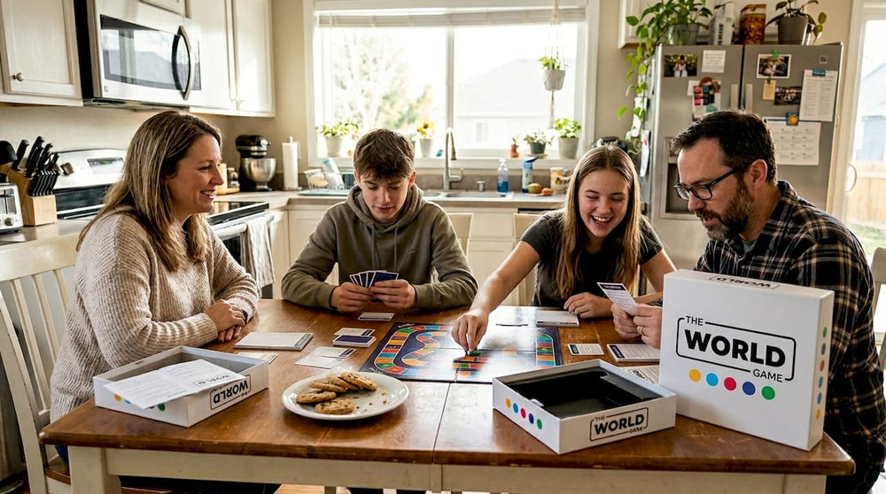 Family playing trivia game in kitchen