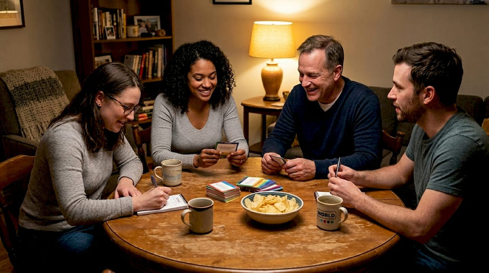 Group playing trivia game around table