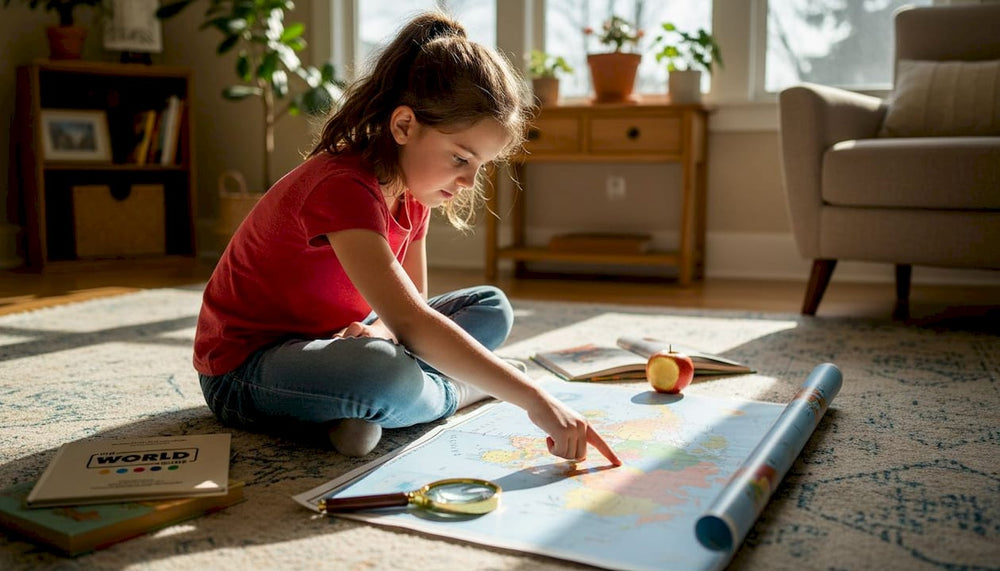 Young child studying a world map on the floor
