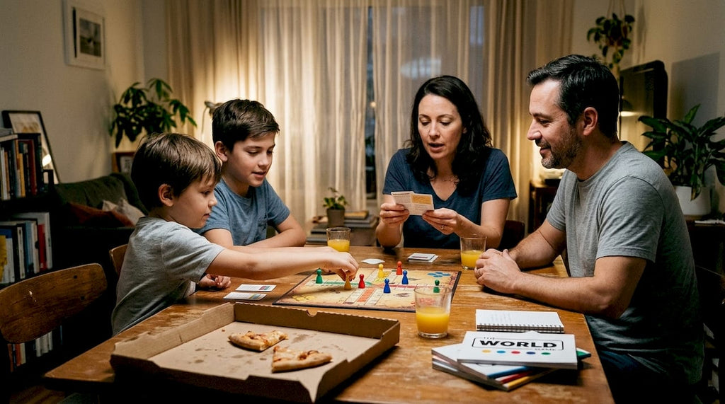 Family playing educational board game together