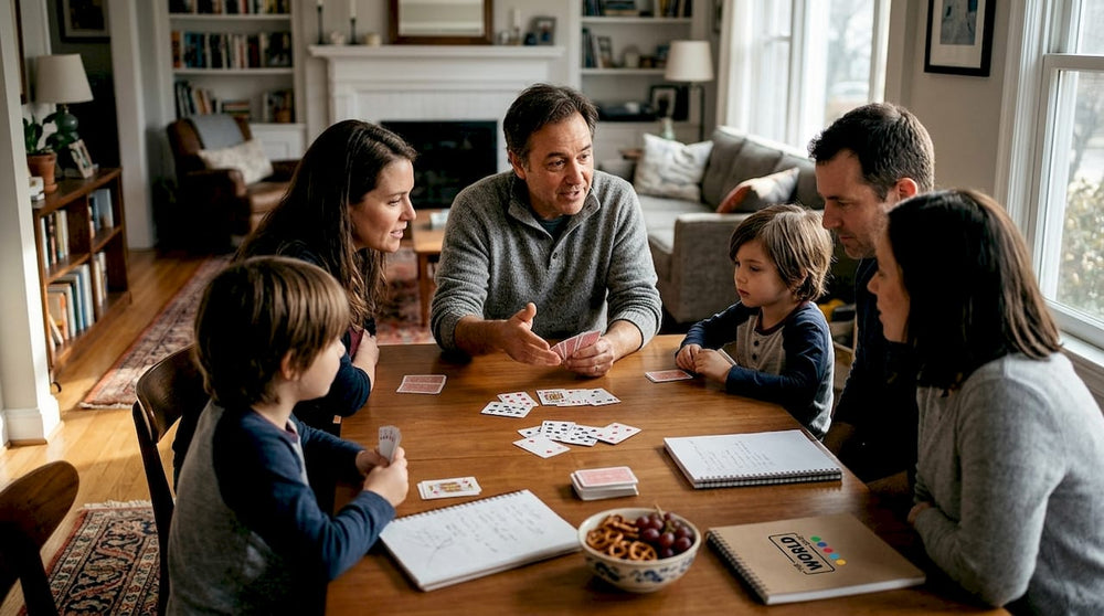 Adults and kids playing learning card game