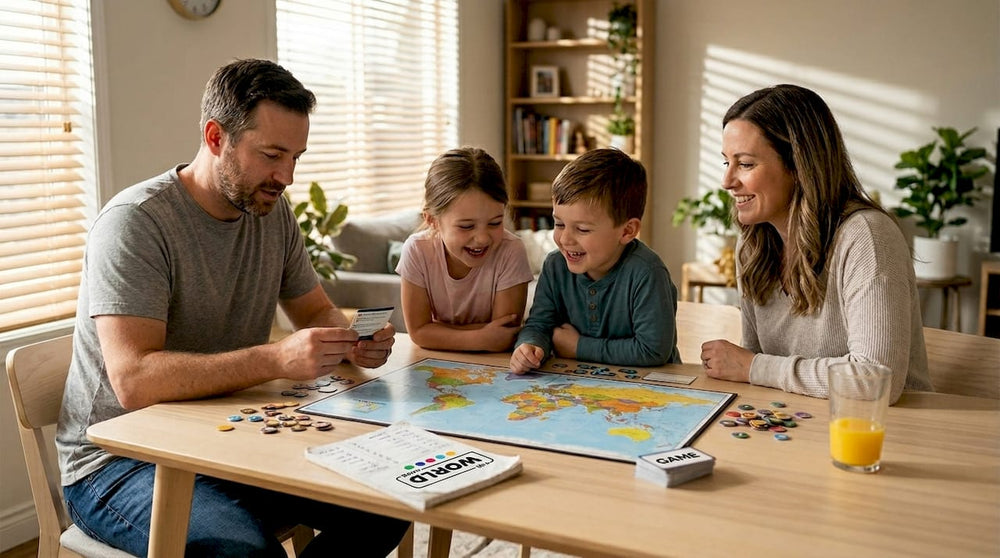 Family engaging with educational board game