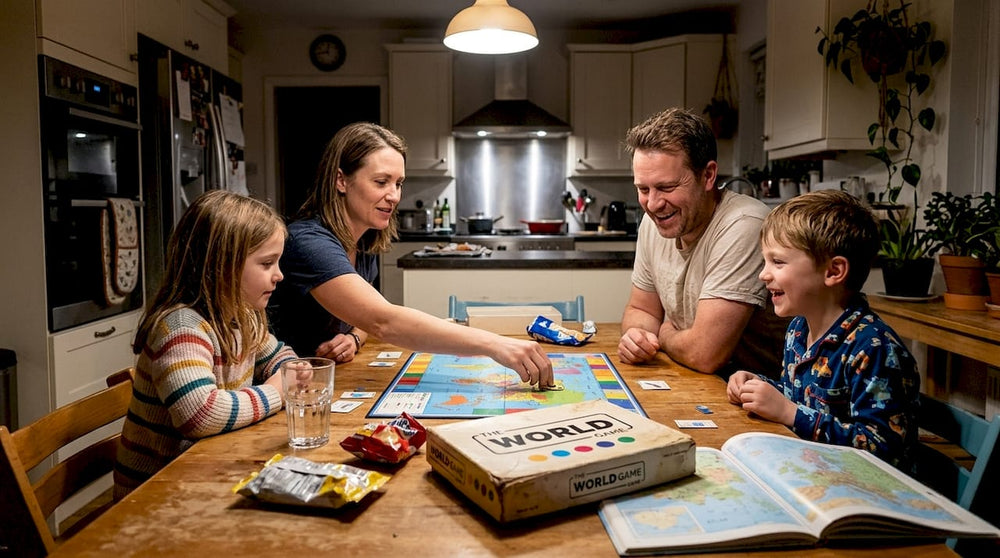 Family playing geography game at kitchen table