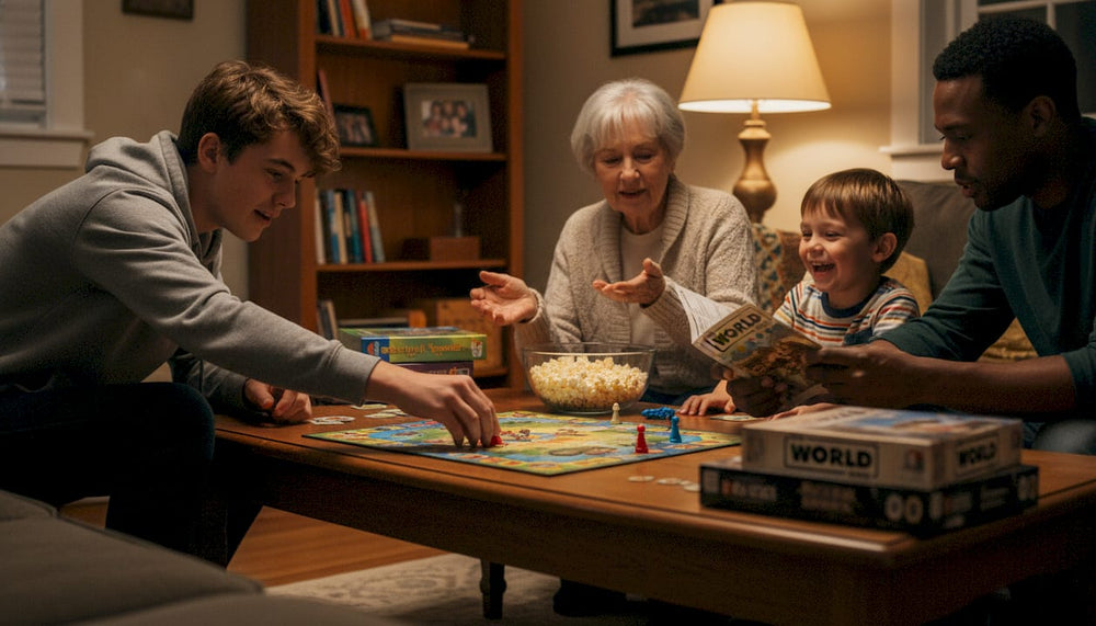 Family plays board game together in living room