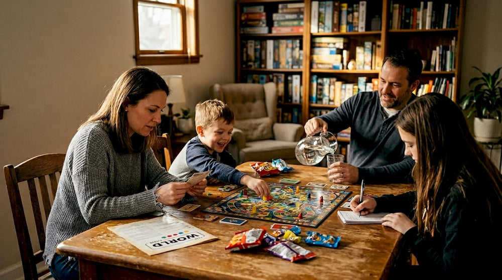 Family gathered around board game