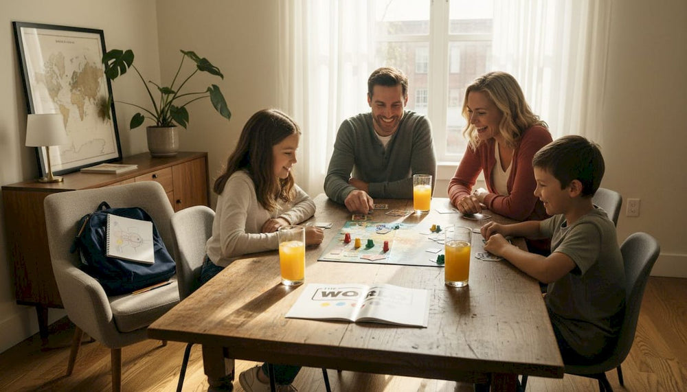 Family playing board game at home together