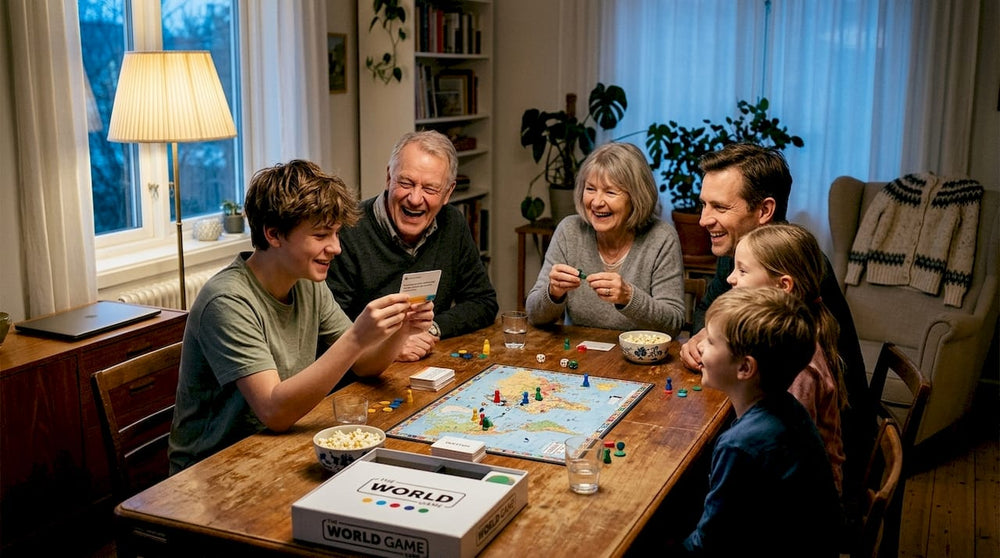 Family playing trivia game at home