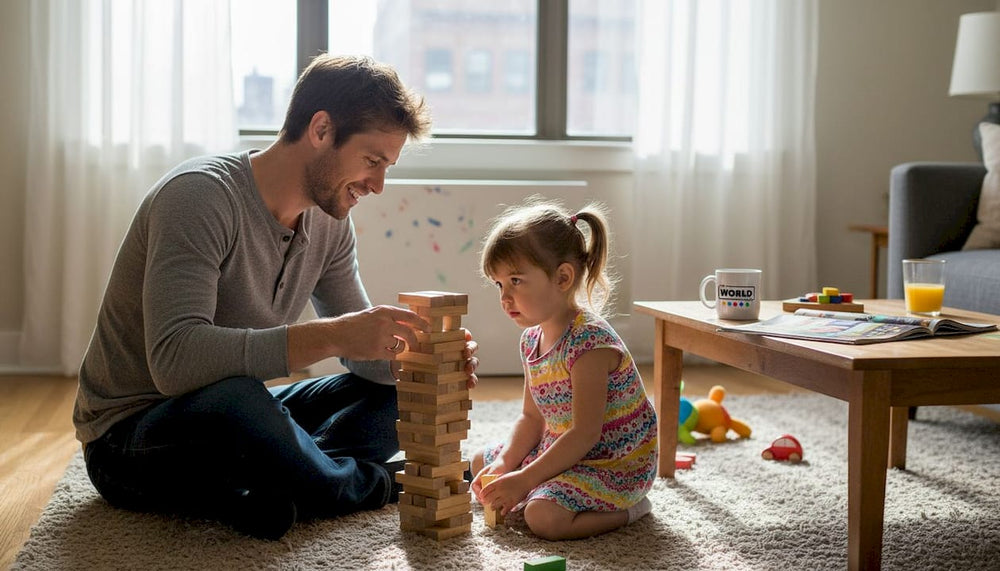 Father and daughter building blocks in living room