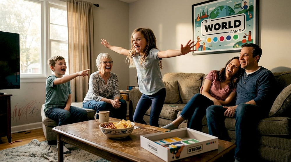 Family playing charades in cozy living room