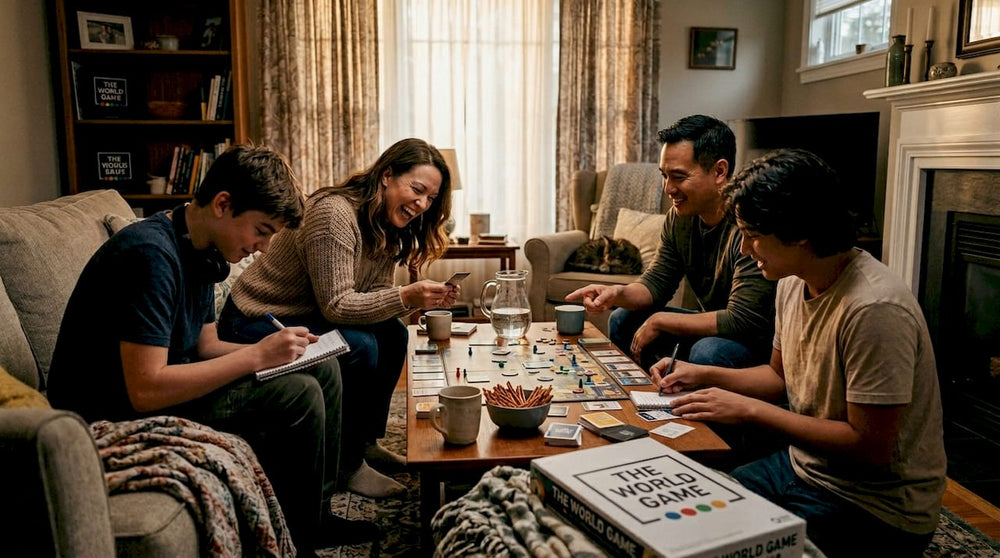Group playing party game in cozy living room