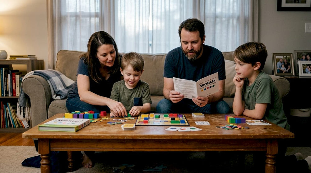 Family playing educational games during game night
