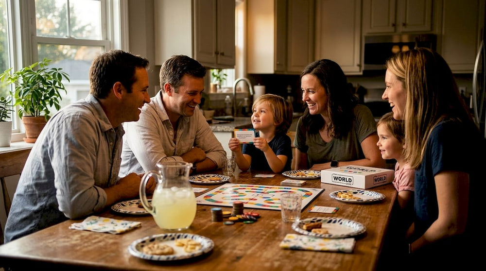Family group playing trivia game at kitchen table