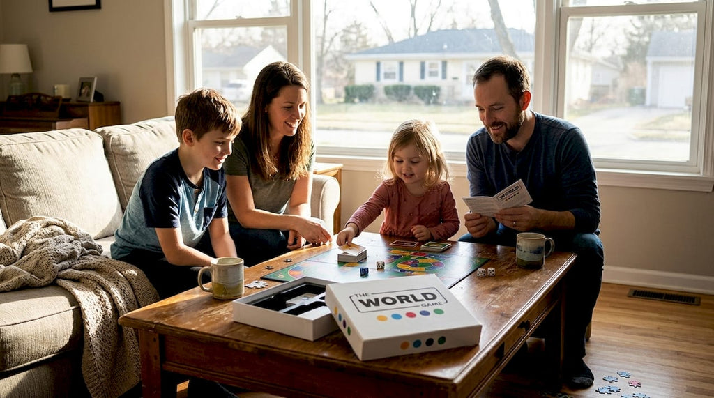 Family playing cooperative board game together