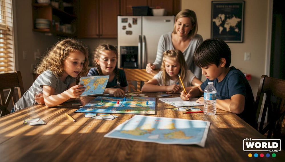 Children playing geography board game at home