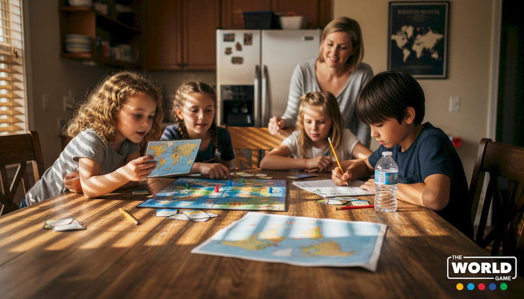Children playing geography board game at home