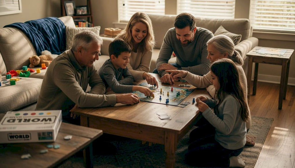 Family playing board game together in living room