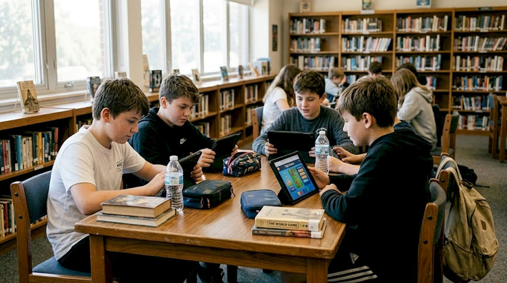 Students interacting with educational game tablets