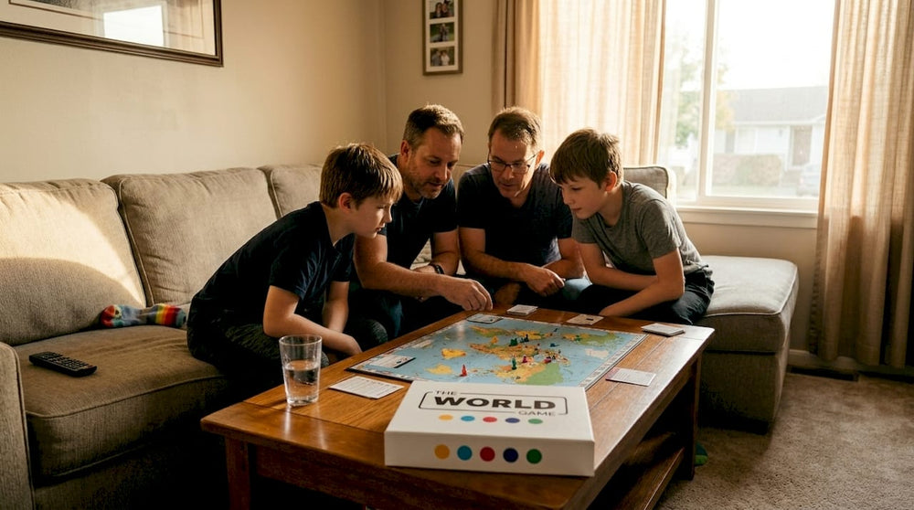 Family playing board game in sunlit living room