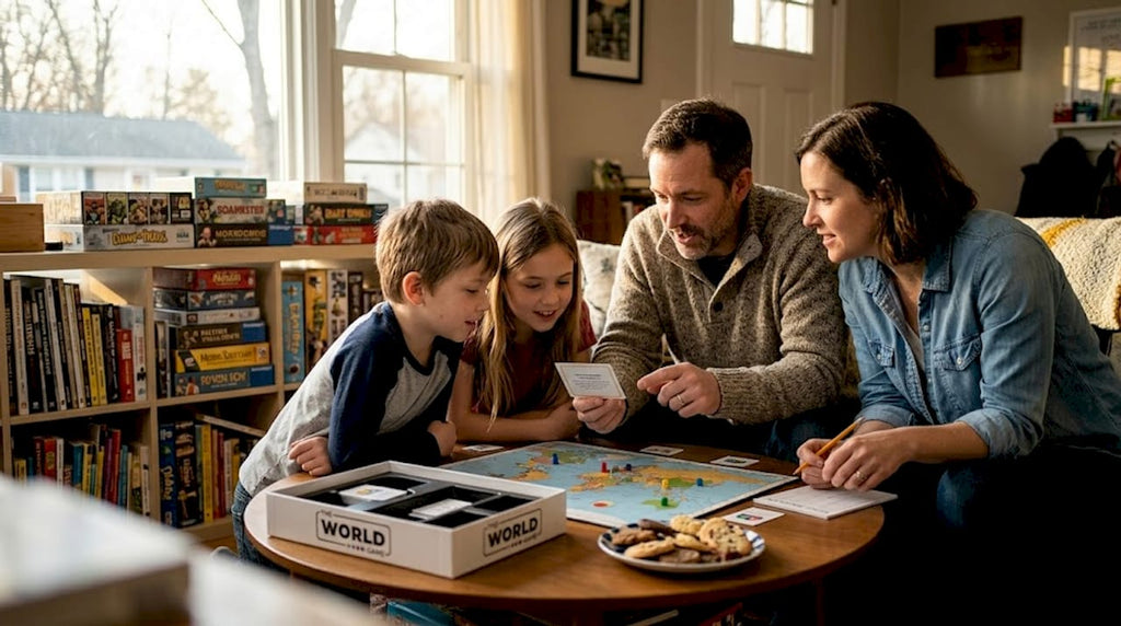 Family playing trivia board game together