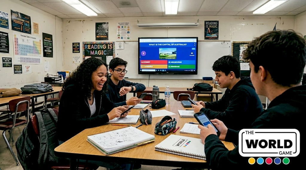 Students playing trivia game in classroom