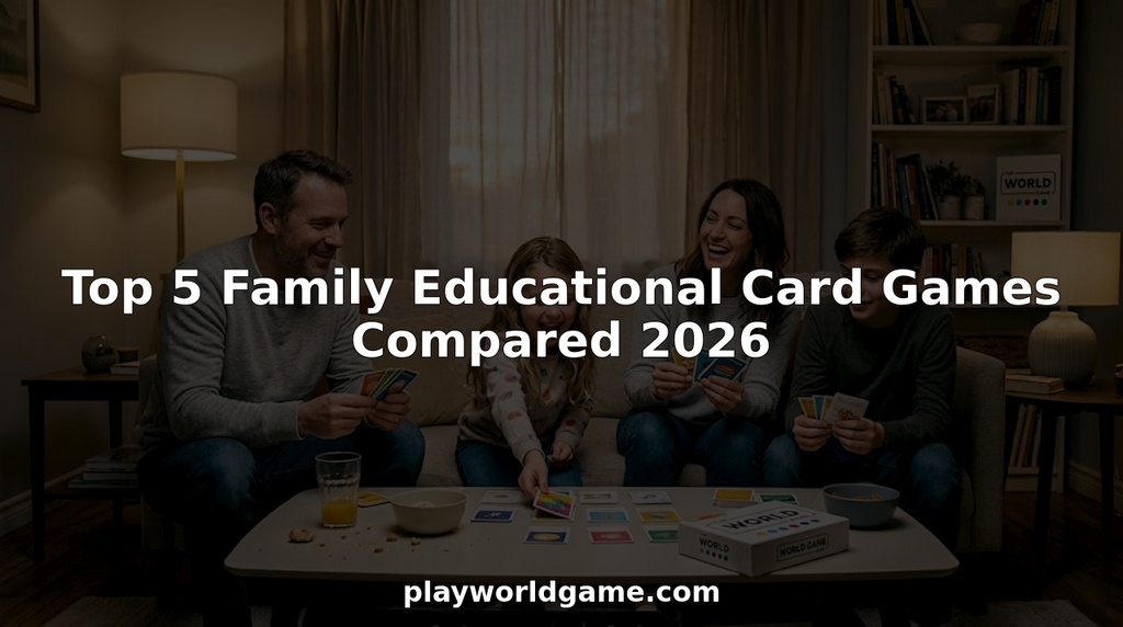 Family playing educational card game in cozy living room