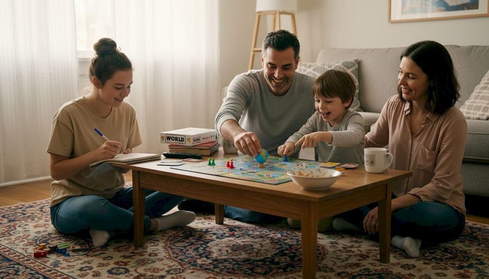 Family playing educational board game in living room