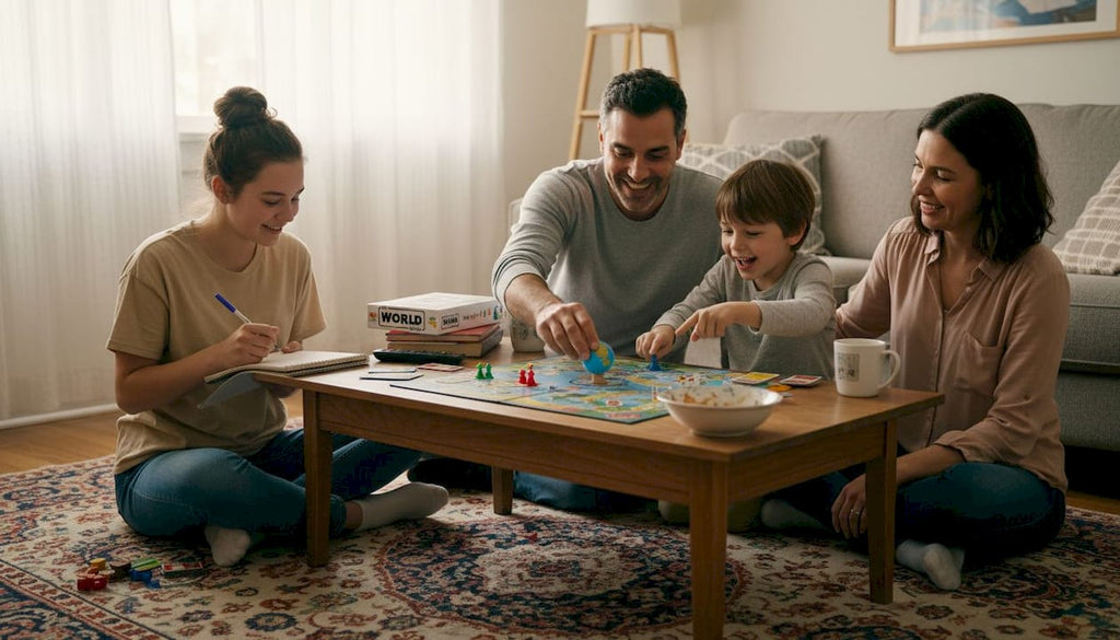 Family playing educational board game in living room