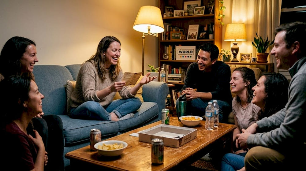 Friends explaining party game instructions in living room