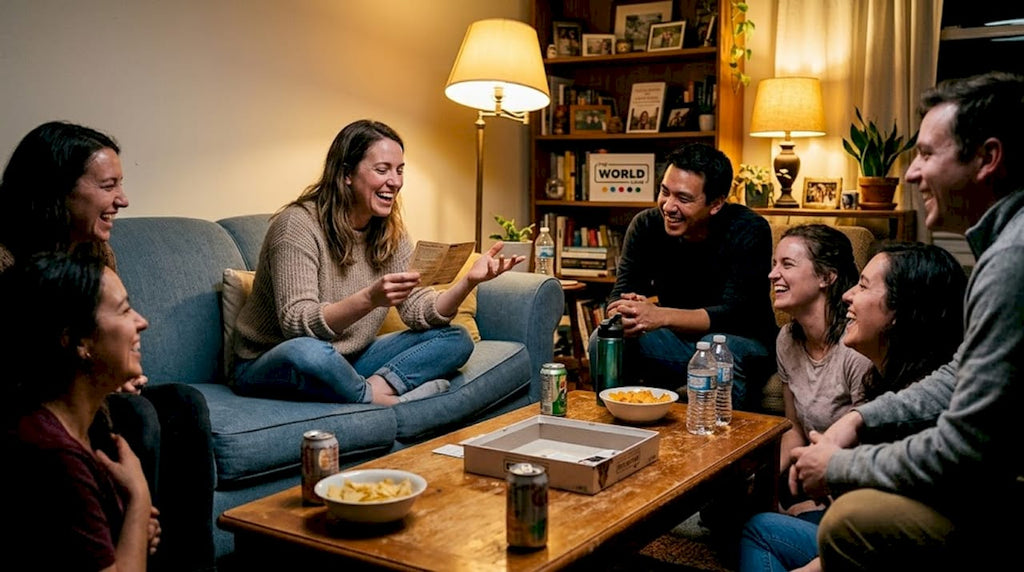 Friends explaining party game instructions in living room