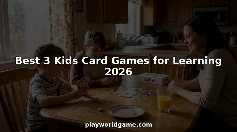 Family playing kids card game at home
