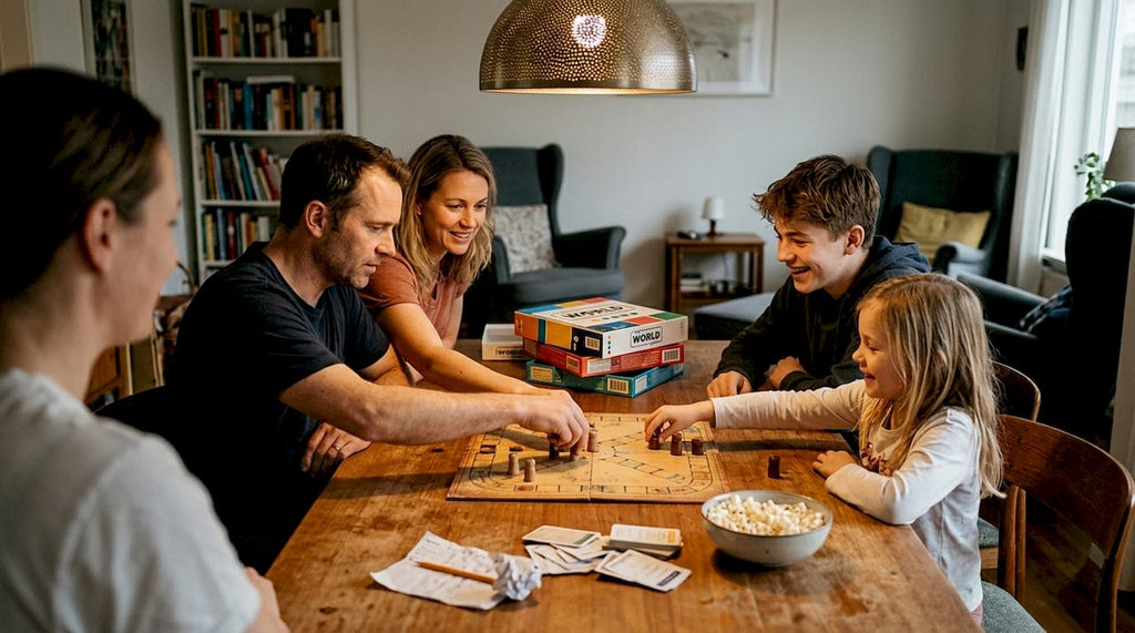 Family gathered around table playing board game