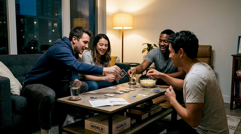 Friends playing fast board game in living room