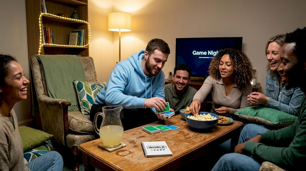 Friends playing party card game in living room