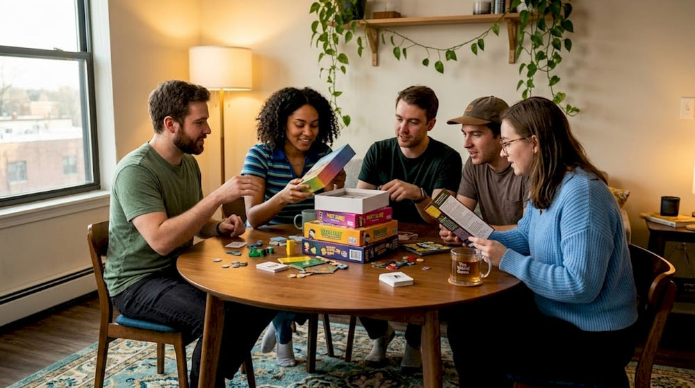 Friends discuss party game gift around table