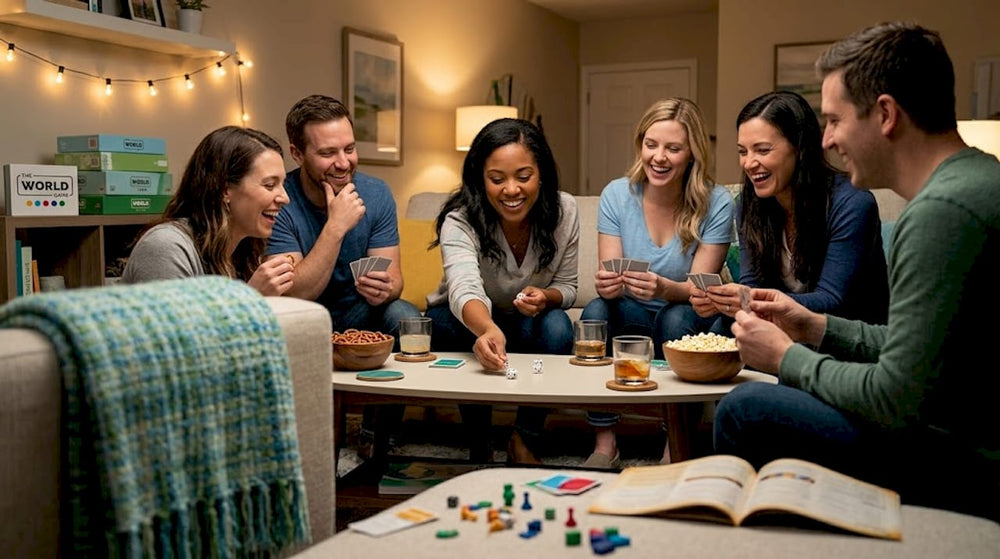 Friends playing tabletop game in cozy living room
