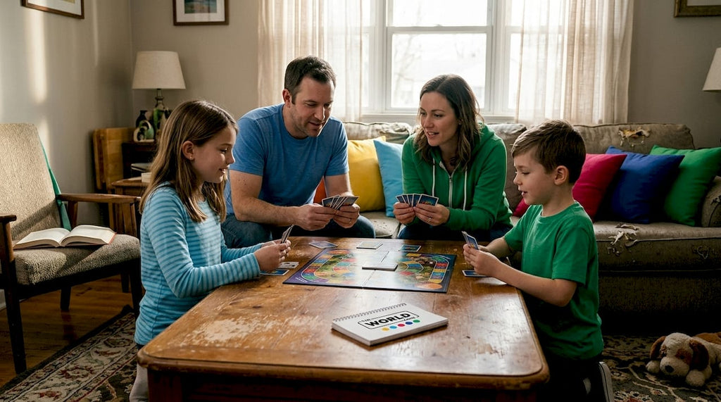 Family playing a board game together in living room