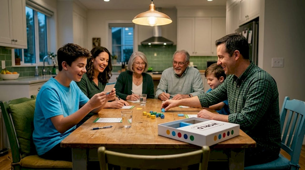 Family enjoying trivia night at kitchen table