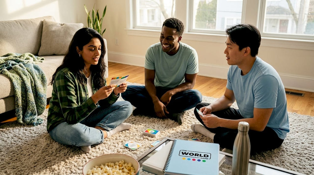 Friends laughing playing card games on rug