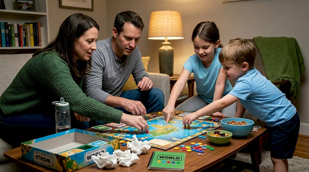 Family enjoying a lively board game night