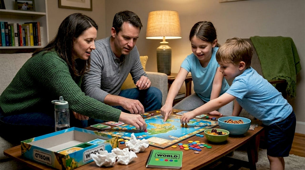 Family enjoying a lively board game night