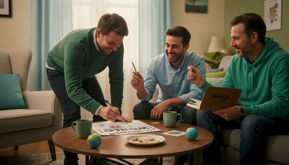 Adults playing board games in living room