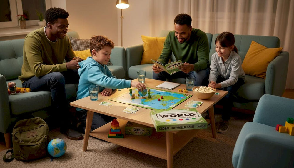 Family playing board game in living room