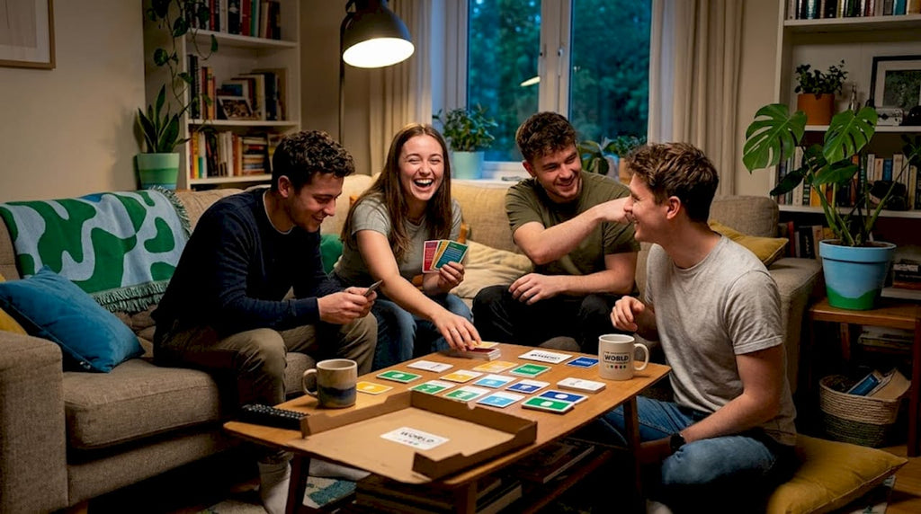 Friends playing social card games in living room
