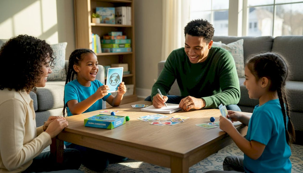 Family playing card challenge game at home