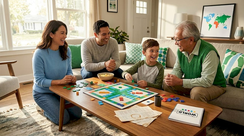 Family of four playing board games in living room