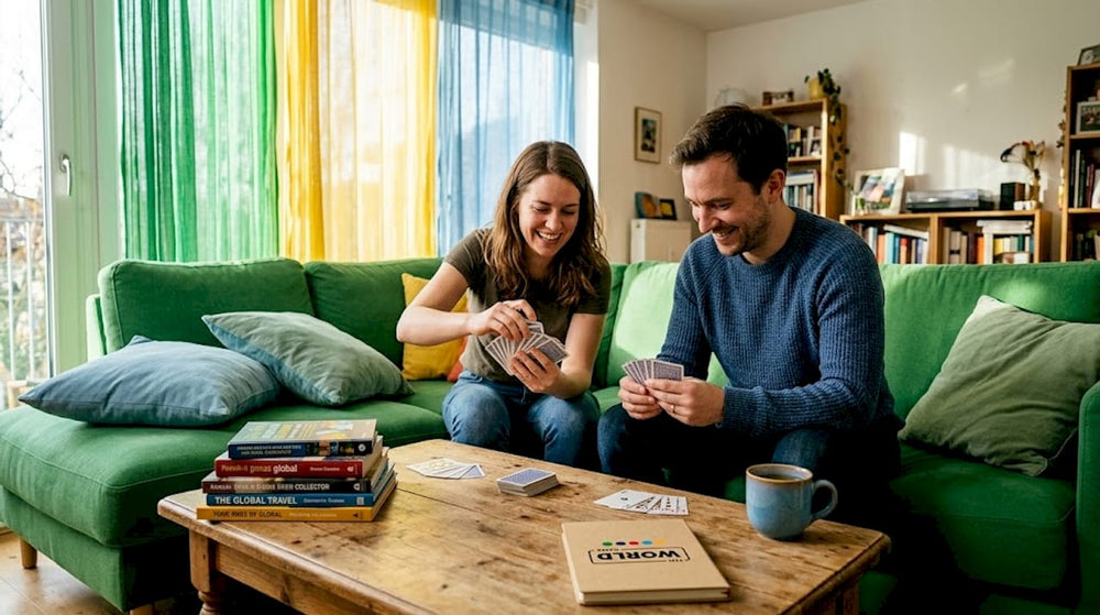 Couple playing card game at home